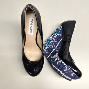 Steve Madden Gavon Platform Wedge Heels 6.5 Black Patent Ikat Indie Sleaze Y2K